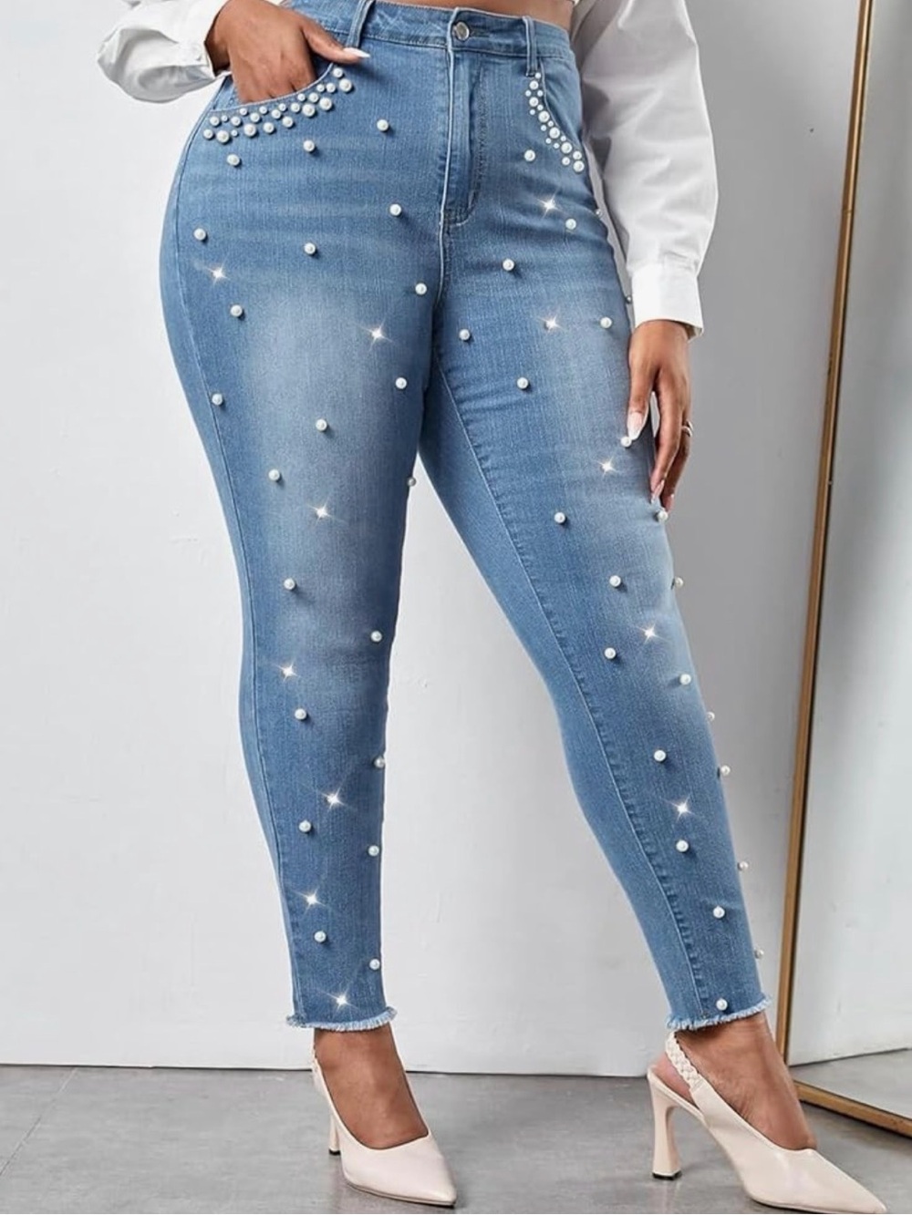 Women's Blue Pearl Embellished Jeans